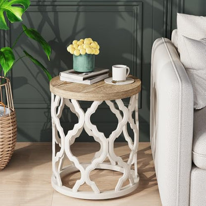 karlott Farmhouse End Table, French Country Round Side Table, Beige | Curved Motif Frame Base With Distressed Tray Top, Boho Accent Table Ideal, End Tables for Living Room, Small Space, Bedroom - size: End Table 18.5 Inches