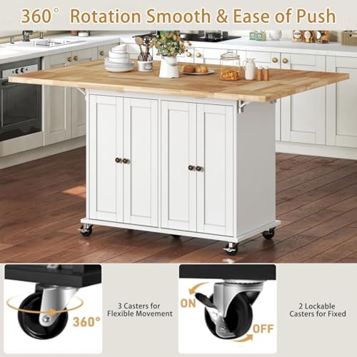 62.8 INCH Rolling Kitchen Island Cart with Double Drop Leaf, Small Mobile Kitchen Cart on Wheels, Folding Kitchen Island with Large Tbletop, Adjustable Shelves for Dining Room - color: White