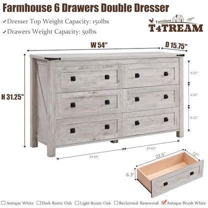 T4TREAM 54" Wide Farmhouse 6-Drawer Dresser for Bedroom, Antique Brush White - color: Antique Brush White, size: 15.8"D x 54"W x 31.3"H (6 Drawers)