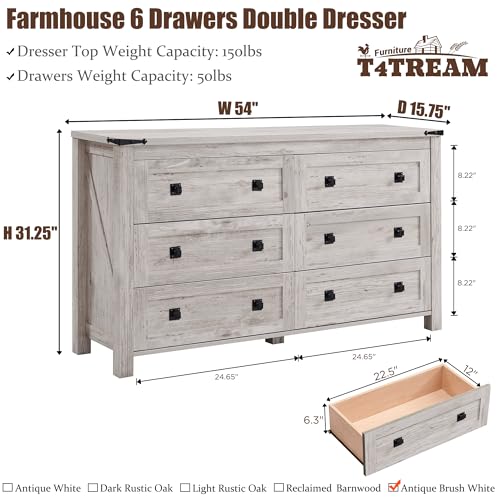 T4TREAM 54" Wide Farmhouse 6-Drawer Dresser for Bedroom, Antique Brush White - color: Antique Brush White, size: 15.8"D x 54"W x 31.3"H (6 Drawers)