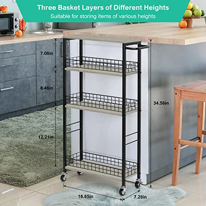 YBING Slim Storage Cart 4 Tier Narrow Rolling Cart, 7.3'' Wide | Mobile Kitchen Narrow Cart, Wooden Tabletop, With Handle, For laundry Living Room, Grey - color: Grey