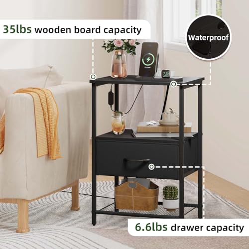 Somdot Nightstand with Charging Station & LED Light, Bedroom Bedside Table | Dorm, Guest Room, Kids Room, Laundry, Closet, Entryway and Hallway, Black - color: Black, size: 11.8"D x 15.7"W x 23.4"H (1 Drawers)