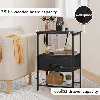 Somdot Nightstand with Charging Station & LED Light, Bedroom Bedside Table | Dorm, Guest Room, Kids Room, Laundry, Closet, Entryway and Hallway, Black - color: Black, size: 11.8"D x 15.7"W x 23.4"H (1 Drawers)
