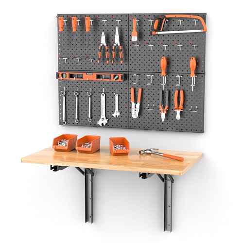 Heavy Duty Folding Workbench with Pegboard, Wall Mount Work Table | Garage Work Bench with Storage, Wood Workbench with Accessories - size: 32"x18" workbench