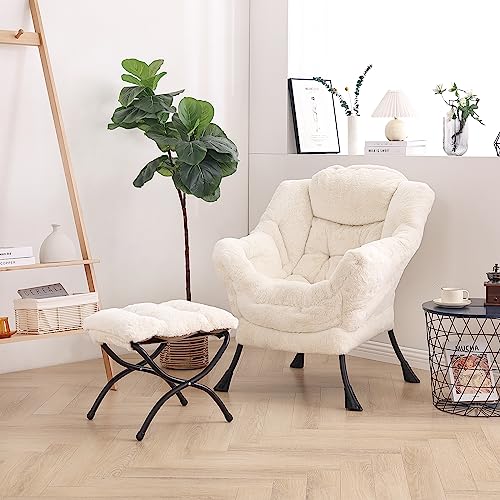 Lazy Chair with Ottoman, Modern Accent Leisure Upholstered Sofa Chair, Lounge Reading Chair with Armrests and a Side Pocket for Living Room, Bedroom & Small Space, Plush Beige | Foldable Footrest,Removable Cover,with Armrests and Side Pockets,Upholstered