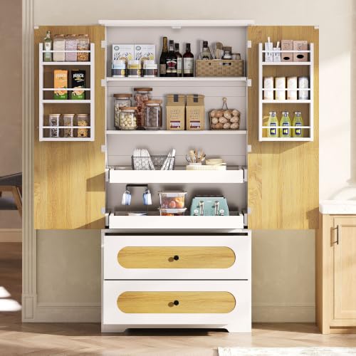 IRONCK 70" Kitchen Pantry Cabinet with Pull-Out Shelves, White | Pantry Storage Cabinet with 6 Door Organizers, 2 Drawers, Kitchen Storage for Kitchen, Dining Room,White & Natural