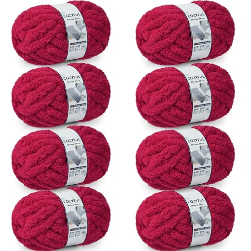 Cozyful Chunky Yarn for Hand Knitting - #10 Chunky Chenille Yarn, Jumbo Big Thick Chunky Yarns for Crocheting, Super Bulky Chunky Knit Blanket Yarns, 8 Skein (22 yds 8 oz Each Skein), Cherry Red - color: Cherry Red