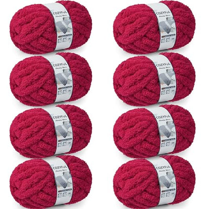 Cozyful Chunky Yarn for Hand Knitting - #10 Chunky Chenille Yarn, Jumbo Big Thick Chunky Yarns for Crocheting, Super Bulky Chunky Knit Blanket Yarns, 8 Skein (22 yds 8 oz Each Skein), Cherry Red - color: Cherry Red
