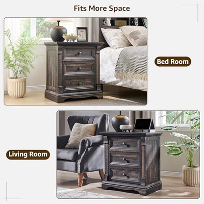 26"H Night Stand Set of 2, 23.6"W Wooden End Table with Charging Station | Wood Side Table w/Roman Column, End Tables Living Room Set Of 2, Bedside Cabinet for Bedroom, Living Room, Dark Rustic Oak - color: Dark Rustic Oak, size: 23.6"W x 15.7"D x 26"H