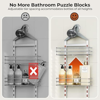 Orimade Aluminum Hanging Shower Caddy Over Head, Adjustable Anti-Slip Bathroom Shelves with Hooks, Rustproof Shower Organizer Storage Rack, Silver 3 Tier - color: Polished Silver - 3 Tier