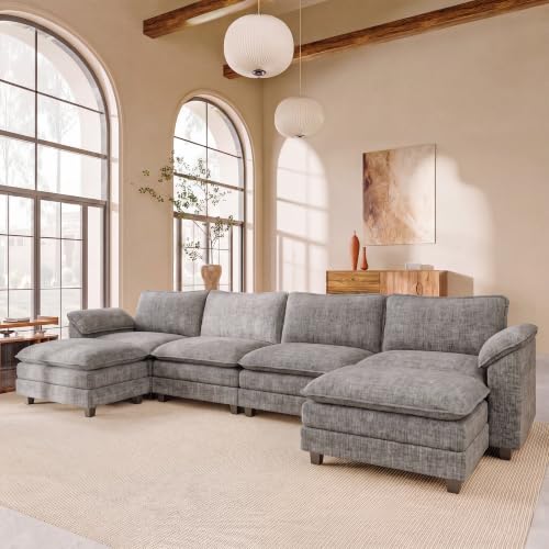 JUMMICO 159" U-Shaped Shaped Sectional Couch, Modular Cloud Sofa,Light Grey | 2 Movable Ottoman,4 Deep Seats, Sturdy Frame, Comfy Chenille, Easy Assembly, Sleeper Sofa for Living Room, Apartment - color: Light Grey, size: U Shaped Sofa