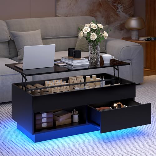 HOMMPA 40" Lift Top Coffee Table with Storage LED Coffee Table Morden High Gloss Living Room 3 Tiers Modern Tea Table with Storage Center Tables Hidden Compartment & Open Shelve & Drawer Black - color: Black, size: 1 Drawer & 1 Shelf
