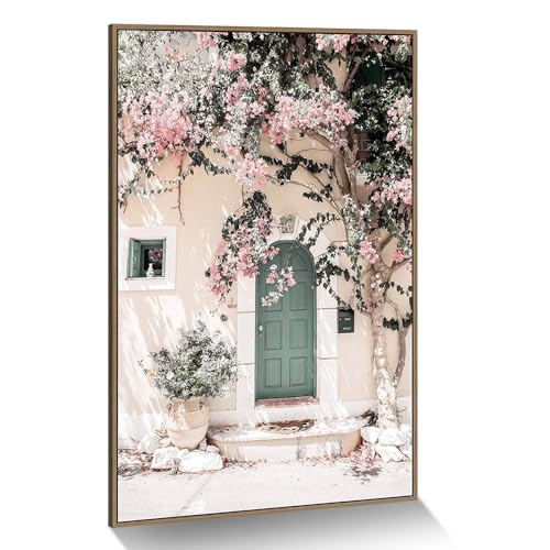 Framed City Landscape Painting: Fresh Flowers Town Canvas Wall Art Minimalist Pink Flower Tree Artwork Modern Warm Greece Street Picture Unique Green Door Photo Prints for Bathroom - color: Green Door, size: 36"L x 24"W