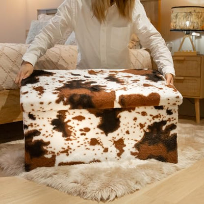 Luxe Faux Fur Storage Ottoman, Cowhide Brown/White, 30 x 15 x 15 in | Engineered Wood, Tool-Free Assembly, Modern Style, Seat And Footrest - color: Cowhide Brown/White, size: 30"D x 15"W x 15"H