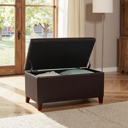 Storage Ottoman Bench, 33 Inches Faux Leather Rectangle Tufted Foot Stool for End Foot of Bed, Bedroom, Living Room, Brown - color: Brown Faux Leather
