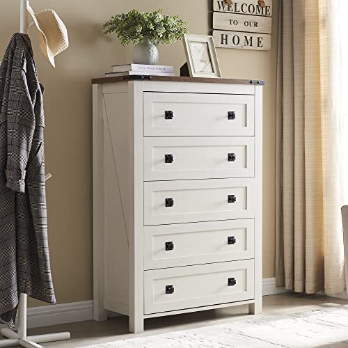 T4TREAM 48" Tall Farmhouse 5-Drawer Dresser for Bedroom, Antique White | Rustic chests of drawers, Wood Storage Cabinet, Metal Handle, Unique Corner Accent, Bedroom, Living Room, Hallway - color: Antique White, size: 15.8"D x 31.3"W x 48"H (5 Drawers)