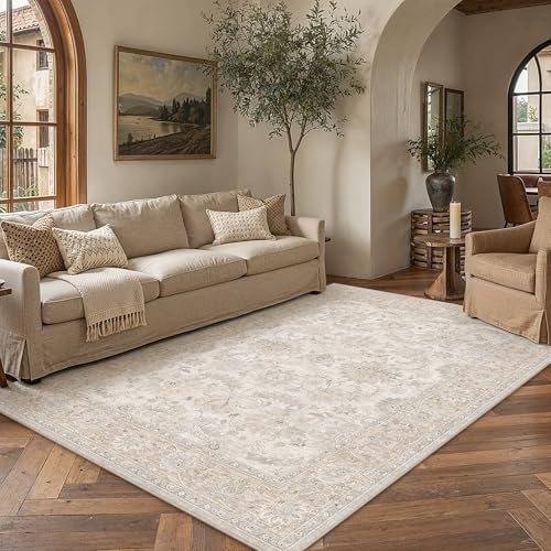5x7 Beige Neutral Area Rug | Washable, Non Slip, Low Pile, Soft, Vintage, Distressed, Floral, Farmhouse, for Living Room Bedroom Dining Room Office - color: Beige, size: 5' x 7' (Rectangular)