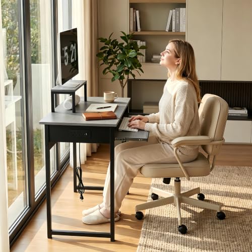 ALISENED Computer Desk with Keyboard Tray and Monitor Stand, 37.5 Inch Small Desk with Power Outlets & USB Ports for Bedroom Home Office, Compact Gaming Desk Shelf, Grey (Grey, 37.5") - color: Grey, size: 37.5"