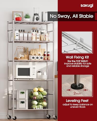 Sakugi 5-Tier Storage Shelves 33.1" x12.6' x73.5 Silver with Wheels | Kitchen, Closet, Pantry, Garage, Heavy Duty, Adjustable Feet, Metal Construction - color: Silver, size: 33.1W x 12.6D x 73.5H(5T)