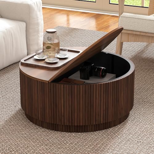 31.5" Round Coffee Table with Storage, Mid Century Modern Coffee Tables with Fluted Base, Wooden Circle Accent Center Table for Living Room Small Space Apartment Office (Walnut) - color: Walnut 31.5" Round Flip-top