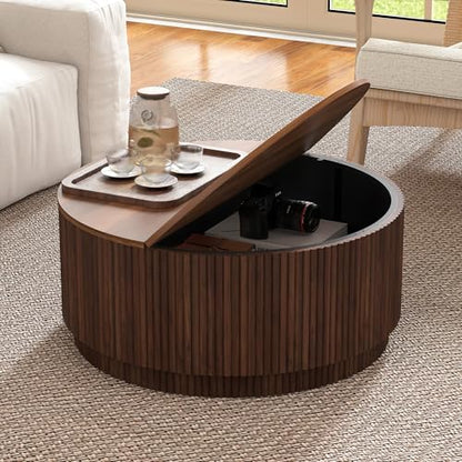31.5" Round Coffee Table with Storage, Mid Century Modern Coffee Tables with Fluted Base, Wooden Circle Accent Center Table for Living Room Small Space Apartment Office (Walnut) - color: Walnut 31.5" Round Flip-top