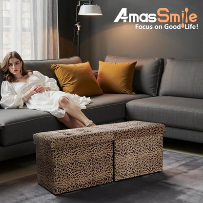 AmasSmile Footrest Ottoman Storage Bench,34" Velvet Folding Chest,Leopard | Large Ottoman with Storage,Thicker Foam Padded Seat,Livingroom,Dorm,Bedroom,Entryway,Easy to install,34 x 13 x 13in - color: Leopard Print-velvet