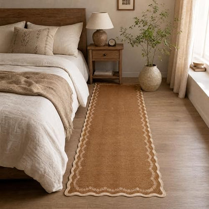 GarveeHome 2.5x8 Scalloped Washable Runner Rug Non Slip Hallway Kitchen Rug | Soft Long Hall Runner Brown Entryway Rug Farmhouse Thin Laundry Mat Stain Resistant Carpet for Bathroom Beside Rug - color: Brown, size: 2'6" x 8' (Rectangular)
