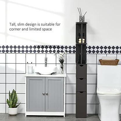 HOMCOM 54" Tall Bathroom Storage Cabinet, Freestanding, 2-Tier Shelf, Brown | Linen Tower, Drawers, Narrow Side Floor Organizer - color: Brown