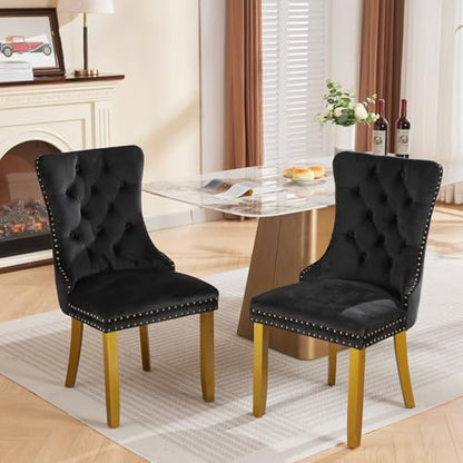 KEIKI Upholstered Mid-Century Velvet Dining Chair, Tufted Accent Seat | with Golden Solid Wood Legs for Dining Room Kitchen Room, Black - color: Black