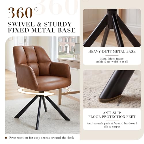 EALSON Comfy Leather Desk Chair Modern Computer Task Chair no Wheels Swivel Accent Chair with Mid Back Arm Chair for Living Room/Bedroom/Home Office, PU Brown - color: Brown