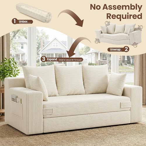 Boneless Couches 70 inch: 3-in-1 Convertible Sofa Bed Futon Couch Bed, Oversized Loveseat Sleeper Sofa with 5 Pillows, Beige Couch for Living Room, Bedroom & Small Space - color: Beige, size: 70 Inch