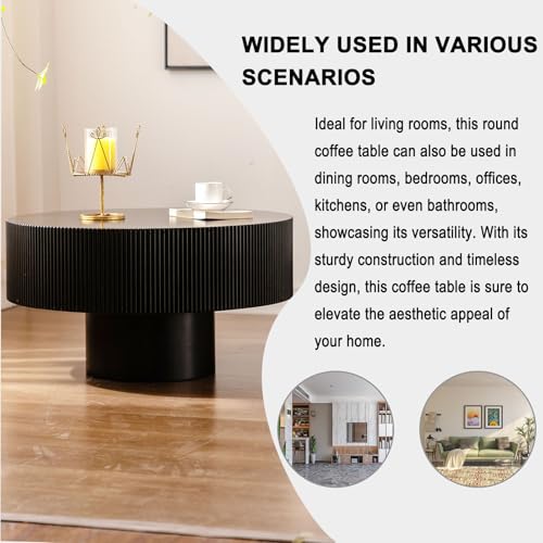 Round Fluted Drum Coffee Table with Pedestal Base | 30.9'' Modern Black Wooden Drum Center Table, Handcrafted Wood Fluted Edge, For Living Room & Apartment - color: Black Thick