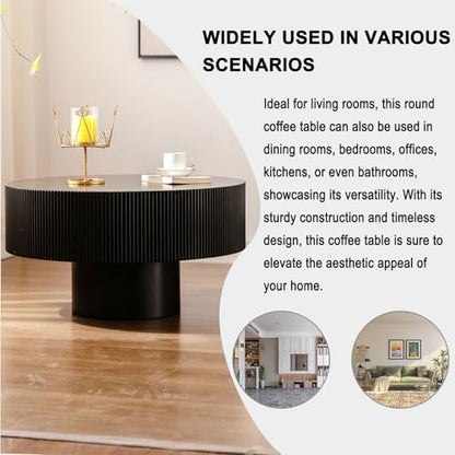 Round Fluted Drum Coffee Table with Pedestal Base | 30.9'' Modern Black Wooden Drum Center Table, Handcrafted Wood Fluted Edge, For Living Room & Apartment - color: Black Thick