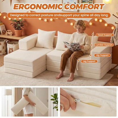 6-in-1 Boneless Couches Modular Sectional Sofa | Cloud Couch Sectional & Tri-Folding Mattress | Corduroy Pet-Friendly Convertible Sofa Bed with 800LB Capacity Living Room, Apartment, Guest Room - color: Beige
