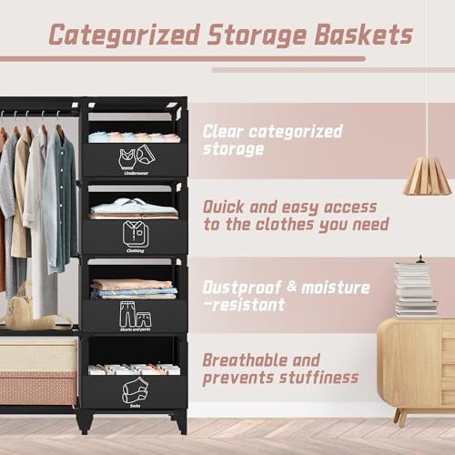 Portable Closet, Easy Assembly, Large Capacity Wardrobe Closet | Sturdy and Stable Clothes Rack with Shelves 4 Storage Baskets and 2 Hanging Rods, for Bedroom and Cloakroom 50 In Black - color: Black
