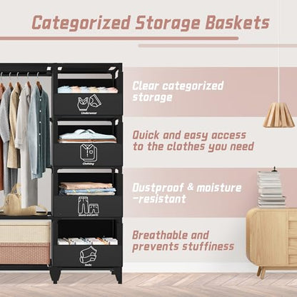 Portable Closet, Easy Assembly, Large Capacity Wardrobe Closet | Sturdy and Stable Clothes Rack with Shelves 4 Storage Baskets and 2 Hanging Rods, for Bedroom and Cloakroom 50 In Black - color: Black