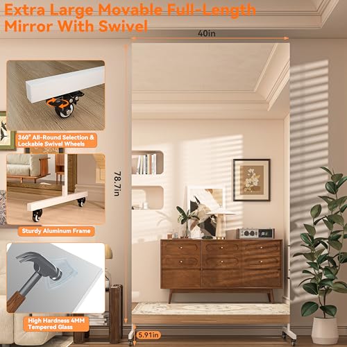Hasipu 79" x 40" Full Length Floor Mirror on Wheels, White | Tempered glass, sturdy metal frame, smooth rolling casters, removable stand, ideal for gym, bedroom, dance studio & yoga. - size: 79"L x 40"W
