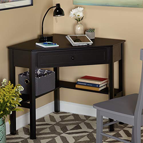 Ellen Wood Small Corner Desk with Wooden Knob Storage Drawer and Shelf – Compact Computer Table for Home Office, Bedroom, or Study, Black Finish - color: Black Finish