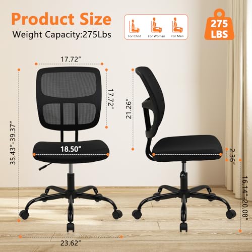 CLATINA Home Office Chair No Arms with Wheels, Adjustable Height Small Desk Chair, Ergonomic Mesh Rolling Work Swivel Chairs, 360 Swivel Computer Chair for Office, Reading Meeting Room 1PK(Black) - color: Black-sprain, size: 1 Pack