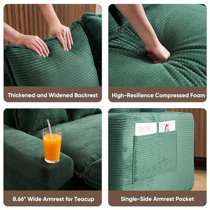 58" Sofa Bed with Ottoman, 3 in 1 Convertible Sofa Bed Folding Corduroy Boneless Sleeper Loveseat Mattress Futon Pull Out Couch Bed for Apartment Bedroom Living Room No Assembly 58-Green-L