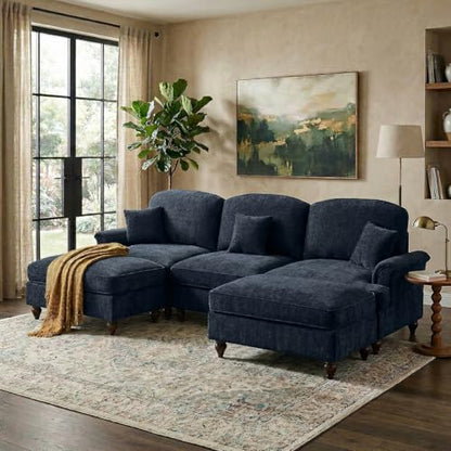 Modular Sectional Sofa Couch, Comfy Chenille Sofa with Removable Ruffled Skirt, Flared Armrests, Sturdy Legs, Convertible Sectional for Living Room, Bedroom, Apartment (Blue) - color: Blue, size: 107.1 Inch U