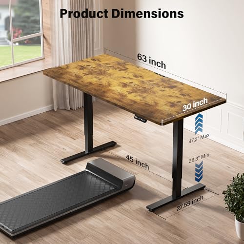 Electric Standing Desk, 63 x 30 Inch, Rustic Brown | Extra Large Desktop, Adjustable Height, Sit to Stand, Home Office Workstation, Supports Dual & Triple Monitor - color: Rustic Brown
