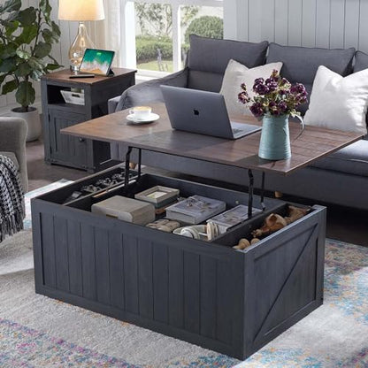 IFGET 48" Lift Top Coffee Table, Farmhouse Cocktai with Sliding Groove Barn Door, Rustic Wood Center Table w/Double Storage Spaces for Living Room, Dark Grey - color: Dark Grey