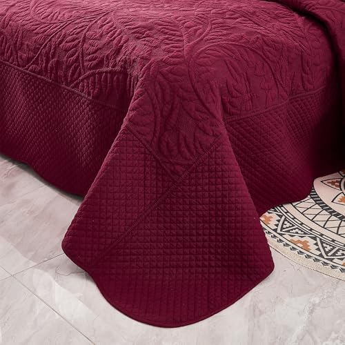MarCielo 100% Cotton Quilt Set - 3-Piece Embroidered Farmhouse Bedspread & Shams, All-Season Breathable Bedding(Wine Burgundy,Queen (98" x 90")) - color: Wine Burgundy, size: Queen (98" x 90")