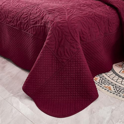 MarCielo 100% Cotton Quilt Set - 3-Piece Embroidered Farmhouse Bedspread & Shams, All-Season Breathable Bedding(Wine Burgundy,Queen (98" x 90")) - color: Wine Burgundy, size: Queen (98" x 90")