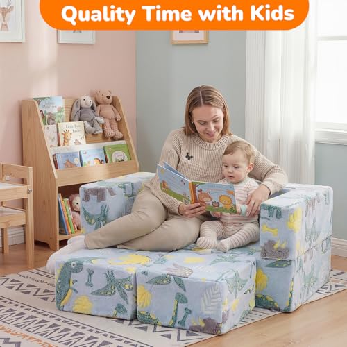 MeMoreCool Glow in Dark Dinosaur Kids Couch, Fold Out Loveseat Sofa | Glow in dark dinosaur kids loveseat folds out to mini sofa - color: Blue Dinosaur