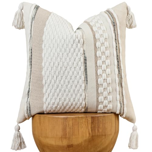 Chenille Striped Textured Boho Throw Pillow Covers Aesthetic with Tassels Woven Decorative Pillow Case for Couch Bed Sofa Bedroom Modern Funky 18 x 18-Inch White - color: White, size: 18" x 18" (Pack of 1)
