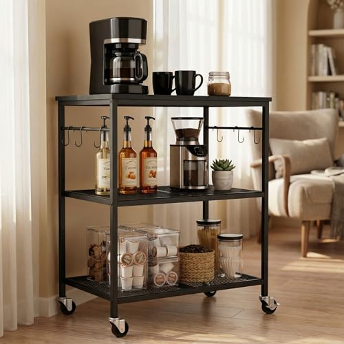 Homleke 3-Tier Rolling Kitchen Microwave Cart, Utility Cart | with Lockable Wheels Coffee Bar Table Station with 6 Hooks, Small Appliance Storage Shelf, Black - color: Black