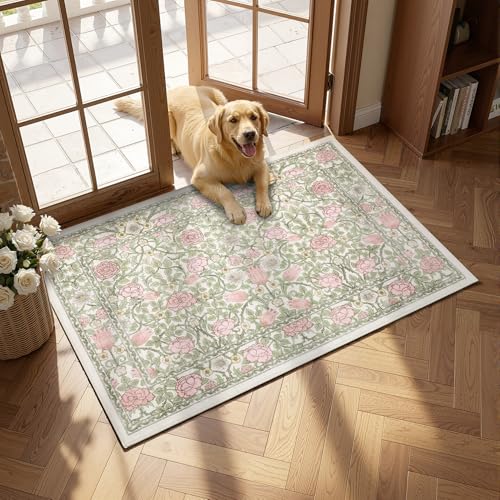 GarveeHome Pink Green Beige Floral Washable 2x3 Rug for Entryway Door Mat | Kitchen Bathroom Girls Bedroom Dorm Rug Vintage Boho Small Rugs Low-Pile Non-Slip Stain Resistant TPE Backing - color: A Beige / Pink, size: 2' x 3' (Rectangular)