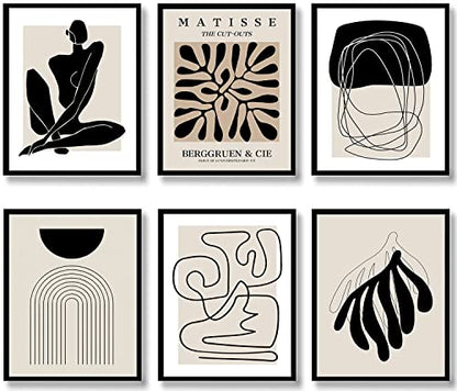 Boho Wall Art Mid Century Modern Decor Canvas Prints Set of 6 Black And White Neutral Abstract Boho Wall Decor for Bedroom Living Room Bathroom 8"x10" UNFRAMED